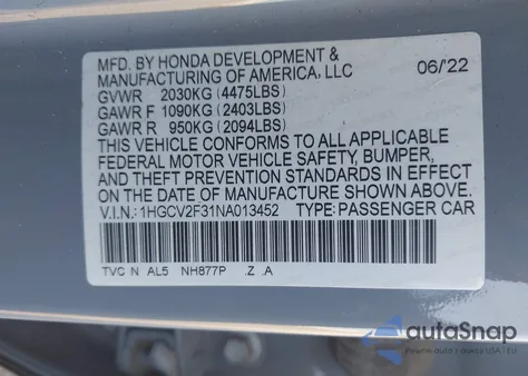 2022 Honda Accord Sport 2.0T из США, поврежденный, VIN 1HGCV2F31NA013452